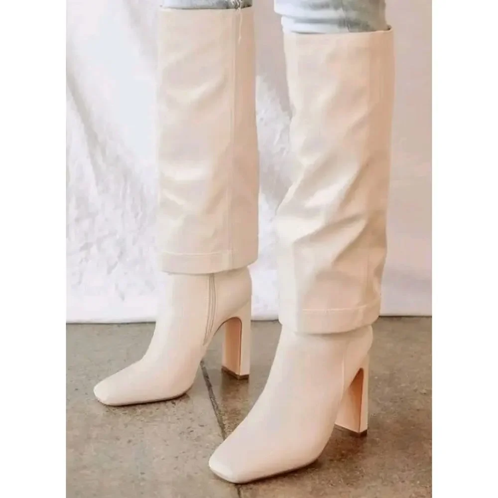 Lulu's Lorlia Women's Almond Square Toe Knee High Fold Over Boots Size 8 Beige - Picture 4 of 9